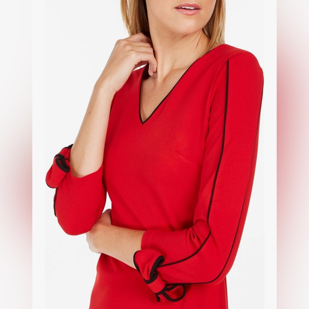 Calvin Klein Solid V Neck Sheath with Contrast Piping Dress - Picture 3 of 8